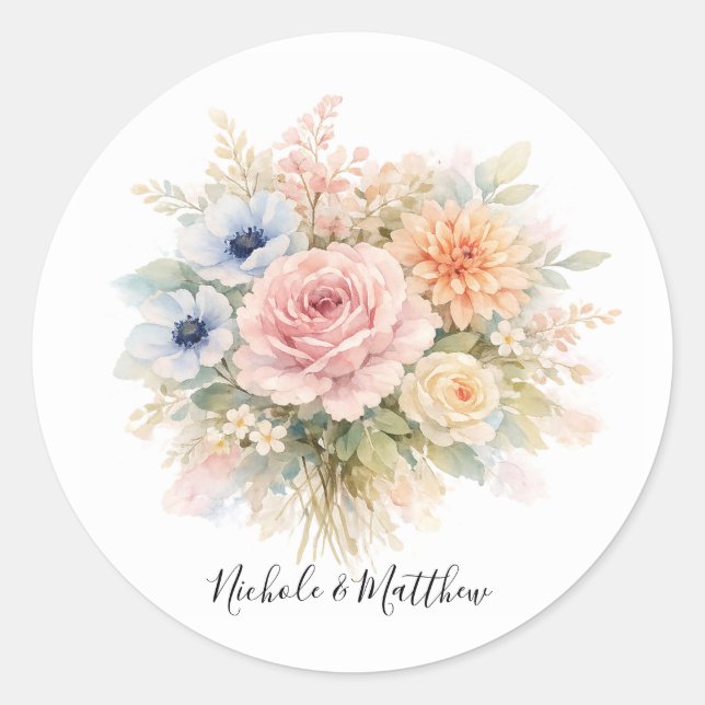 Soft Watercolor Floral Wedding Classic Round Sticker (Front)