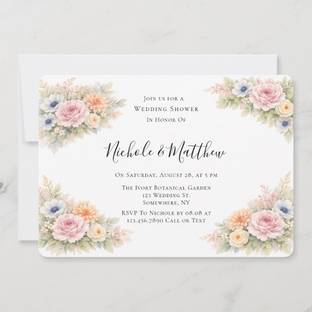 Soft Watercolor Floral Wedding Shower Invitation (Front)