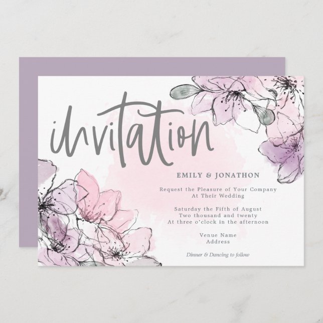 Soft Watercolor Florals Lilac Pink Script Wedding Invitation (Front/Back)