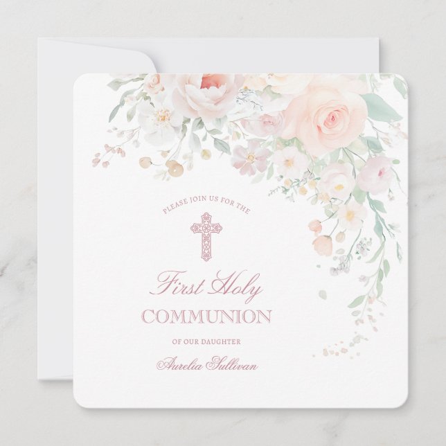 Soft Watercolor Flowers First Communion Invitation (Front)