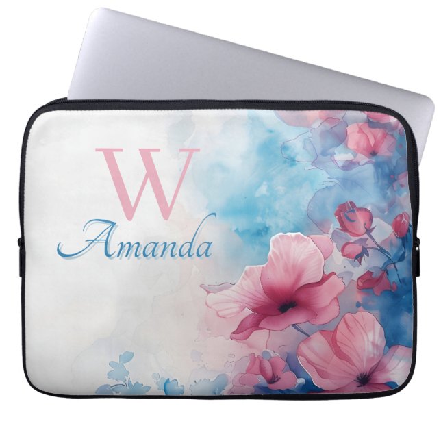 Soft Watercolor Flowers in Pink and Blue Laptop Sleeve (Front)