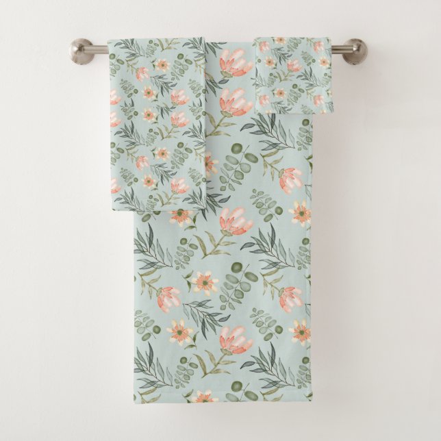 Soft watercolor flowers & leaves Bath Towel Set (Insitu)