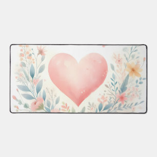 Soft Watercolor Heart Love Flowers Birds Desk Mat