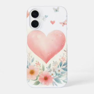 Soft Watercolor Heart Love Flowers Birds iPhone 16 Case