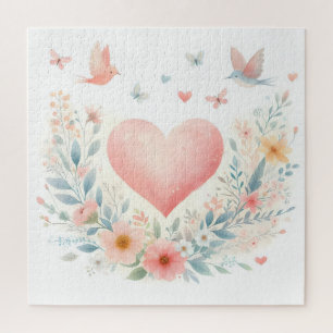 Soft Watercolor Heart Love Flowers Birds Jigsaw Puzzle