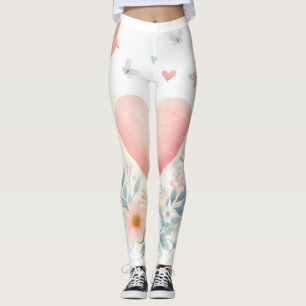 Soft Watercolor Heart Love Flowers Birds Leggings