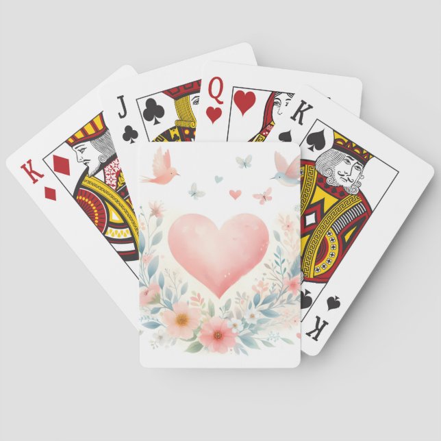Soft Watercolor Heart Love Flowers Birds Playing Cards (Back)