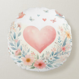 Soft Watercolor Heart Love Flowers Birds Round Cushion