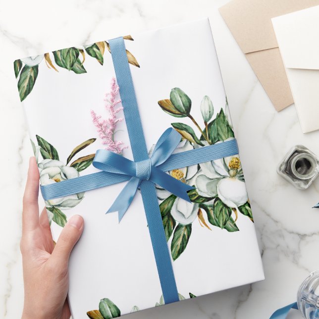 Soft Watercolor Magnolia Blue Pattern  Wrapping Paper (Creator Uploaded)