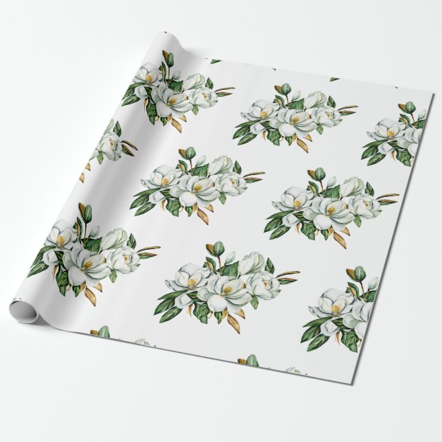 Soft Watercolor Magnolia Blue Pattern  Wrapping Paper (Unrolled)