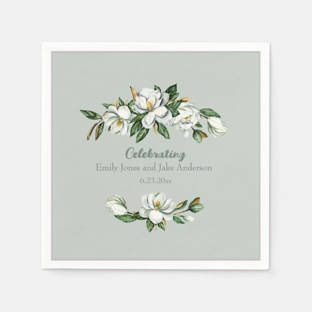 Soft Watercolor Magnolia Greenery Wedding  Napkin (Front)