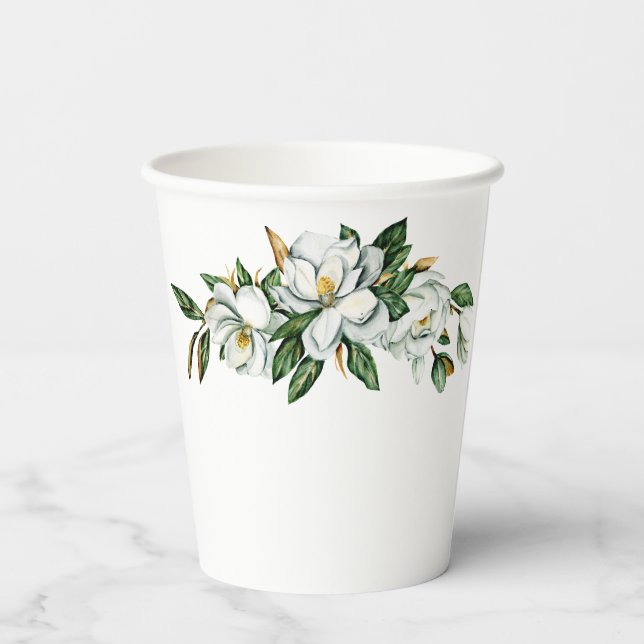 Soft Watercolor Magnolia Greenery Wedding Shower Paper Cups (Back)