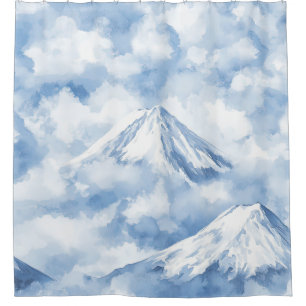 Soft Watercolor Mountains Snow Clouds Blue White Shower Curtain