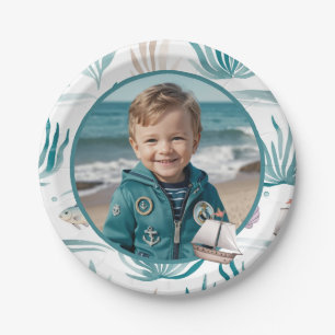 Soft Watercolor Ocean Photo Kids Birthday Paper Plate