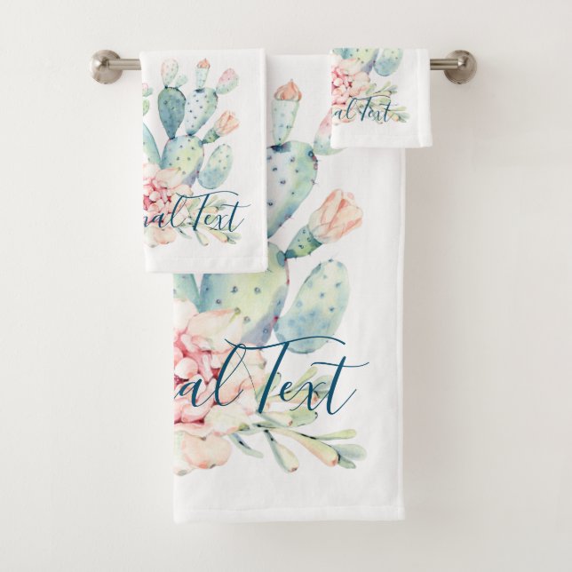 Soft Watercolor Pastel Blooming Cactus  Bath Towel Set (Insitu)