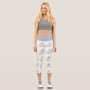 Soft Watercolor Pastel Blooming Cactus Capri Leggings
