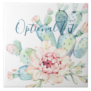 Soft Watercolor Pastel Blooming Cactus Ceramic Tile