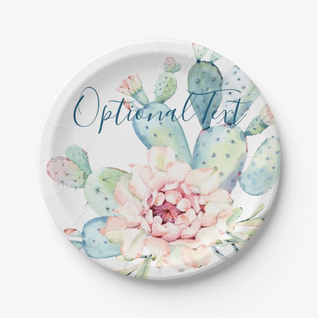 Soft Watercolor Pastel Blooming Cactus  Paper Plate (Front)