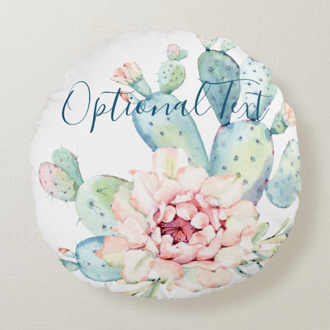 Soft Watercolor Pastel Blooming Cactus  Round Cushion (Front)