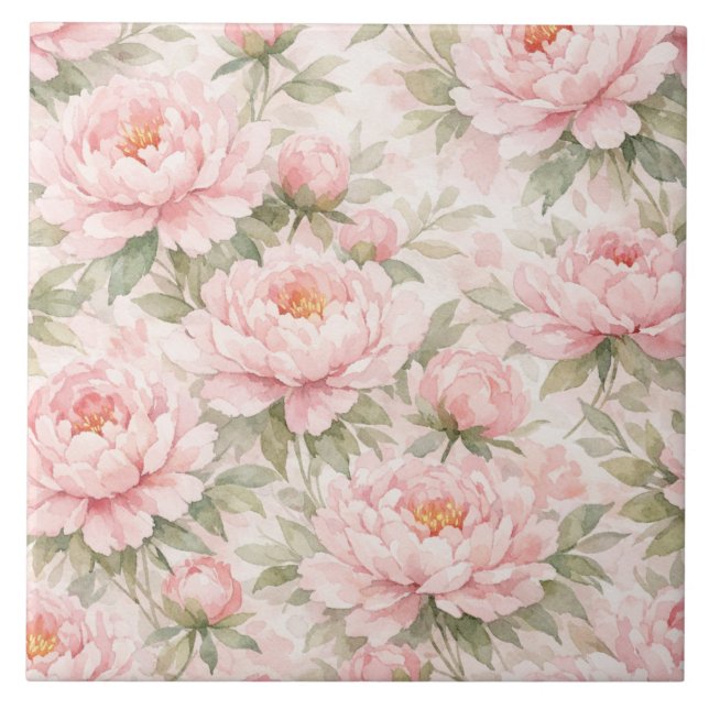 Soft Watercolor Peony Floral Seamless Pattern Ceramic Tile (Front)