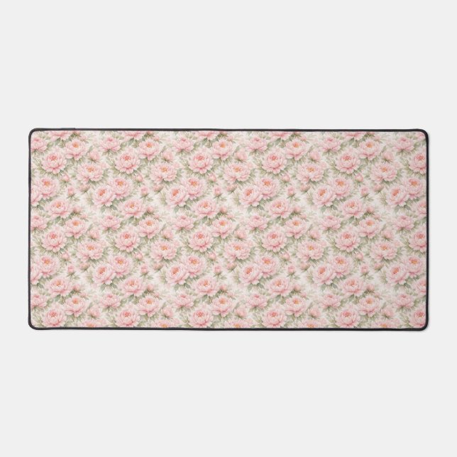 Soft Watercolor Peony Floral Seamless Pattern Desk Mat (Front)