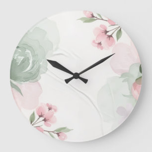 Soft Watercolor Pink and Green Floral Frame Large Clock