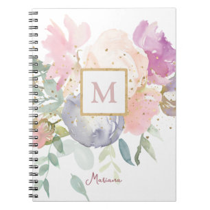 Soft Watercolor Pink Floral Gold Glitter Girl Notebook
