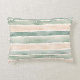 Soft Watercolor Sage Green & Peach Stripes Decorative Cushion