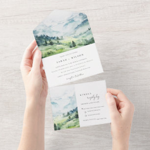 Soft Watercolor Snow Mountain Landscape Wedding All In One Invitation