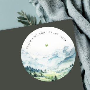 Soft Watercolor Snow Mountain Landscape Wedding Classic Round Sticker