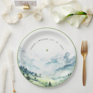 Soft Watercolor Snow Mountain Landscape Wedding Paper Plate