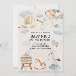 Soft Watercolor Stork Baby Shower Invitation