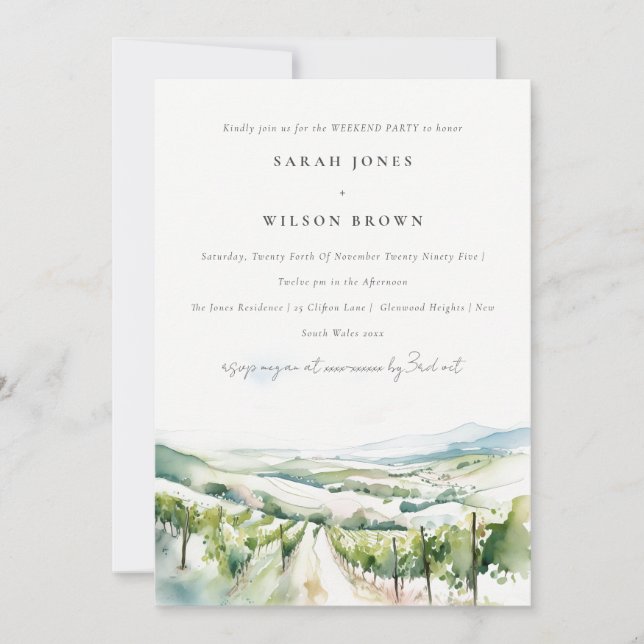Soft Watercolor Vineyard Landscape Weekend Party Invitation (Front)