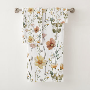 Soft Watercolor Wildflower Botanical Boho Pattern Bath Towel Set