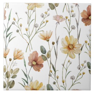 Soft Watercolor Wildflower Botanical Boho Pattern Ceramic Tile