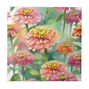 Soft Watercolor Zinnia Floral Ceramic Tile
