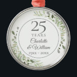 Soft Watercolour Greenery 25th Anniversary Metal Ornament<br><div class="desc">Featuring delicate soft watercolour leaves,  this chic botanical 25th wedding anniversary design can be personalised with your special twenty-five years anniversary information in elegant silver text. Designed by Thisisnotme©</div>