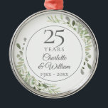 Soft Watercolour Greenery 25th Anniversary Metal Ornament<br><div class="desc">Featuring delicate soft watercolour leaves,  this chic botanical 25th wedding anniversary design can be personalised with your special twenty-five years anniversary information in elegant silver text. Designed by Thisisnotme©</div>