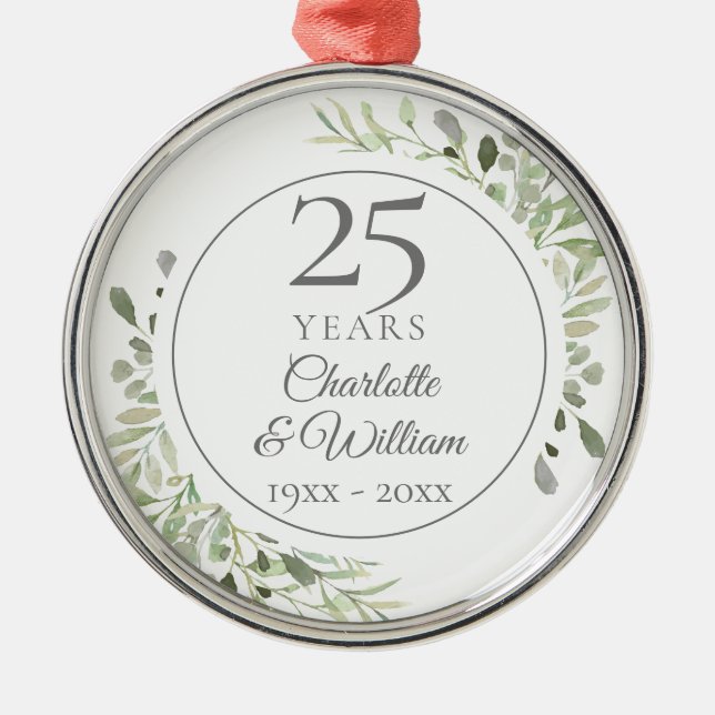 Soft Watercolour Greenery 25th Anniversary Metal Ornament (Front)