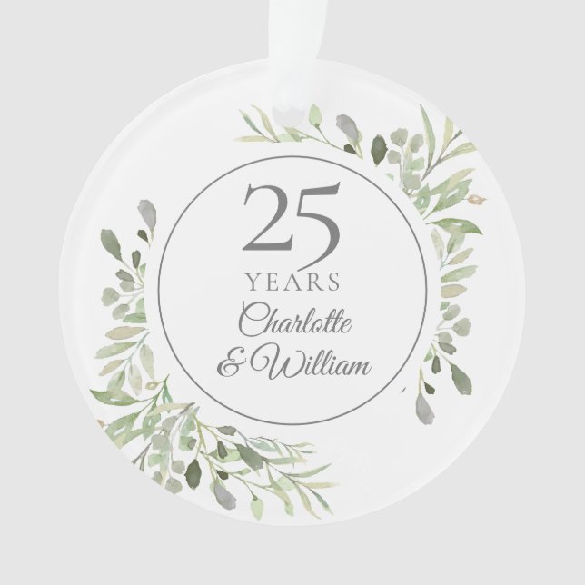 Soft Watercolour Leaves 25th Anniversary Ornament (Front)