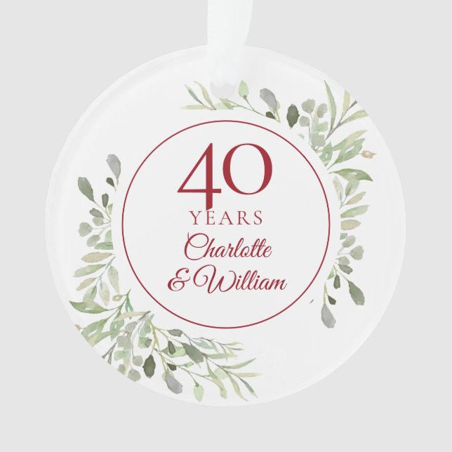 Soft Watercolour Leaves 40th Anniversary Ornament (Front)