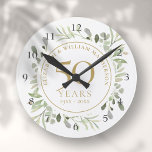 Soft Watercolour Leaves 50th Anniversary Round Clock<br><div class="desc">Featuring delicate soft watercolour leaves,  this chic botanical 50th wedding anniversary design can be personalised with your special fiftieth-anniversary information in elegant gold text. Designed by Thisisnotme©</div>