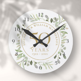 Soft Watercolour Leaves 50th Anniversary Round Clock