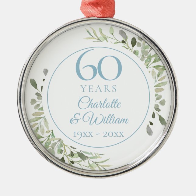 Soft Watercolour Leaves 60th Anniversary Metal Ornament (Front)