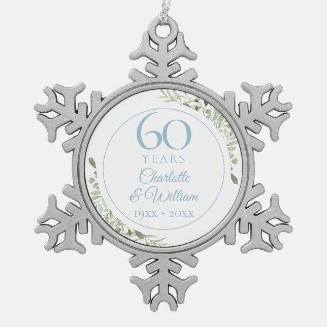Soft Watercolour Leaves 60th Anniversary Snowflake Pewter Christmas Ornament (Front)