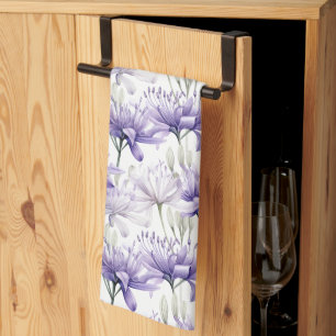 Soft Watercolour Purple Floral Patterned Tea Towel