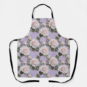 Soft White And Blush Pink Roses On Smoky Lavender Apron