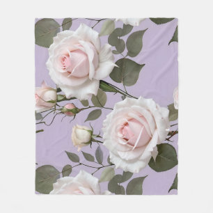 Soft White And Blush Pink Roses On Smoky Lavender Fleece Blanket