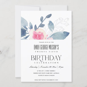 SOFT WHITE BLUSH BLUE FLORAL 25th ANY AGE BIRTHDAY Invitation