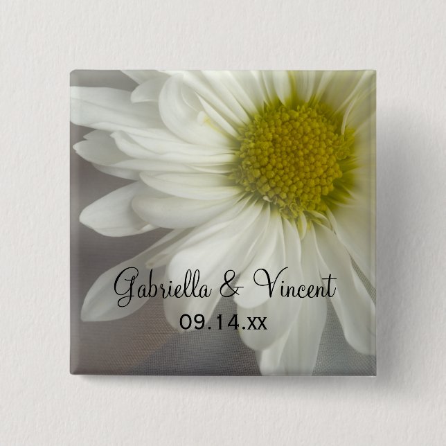 Soft White Daisy on Grey Wedding 15 Cm Square Badge (Front)